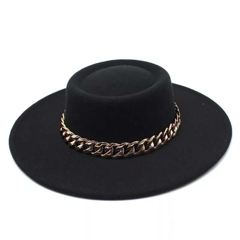 Black Round Wide Brim chain Fedora - Accessorizmee