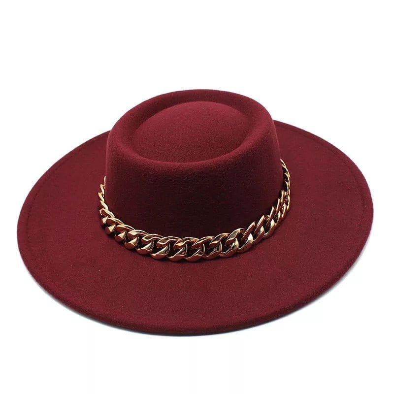 Burgundy Round Wide Brim chain Fedora - Accessorizmee