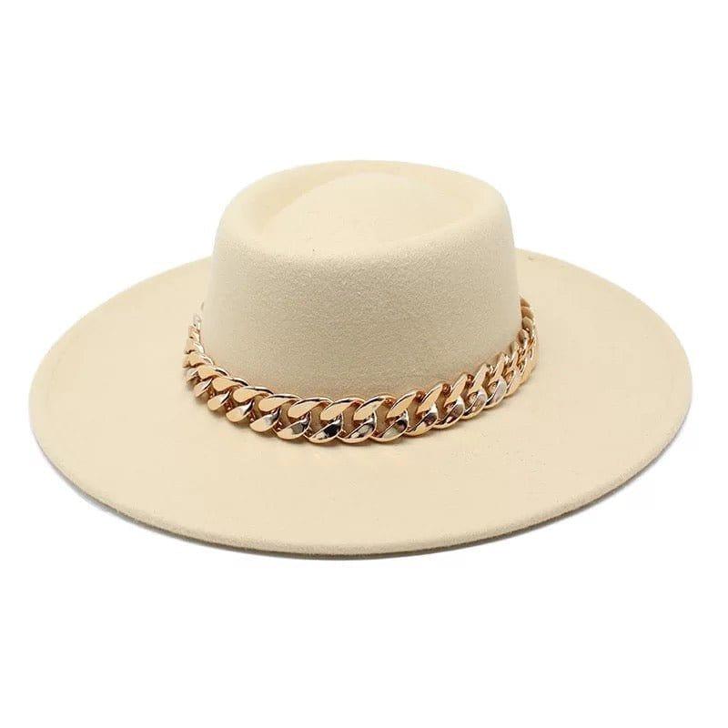 Cream Round Wide Brim chain Fedora - Accessorizmee