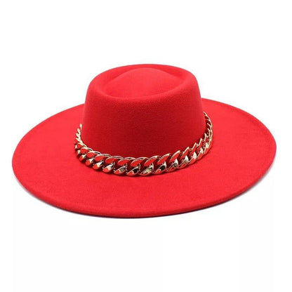 Red Round Wide Brim chain Fedora - Accessorizmee