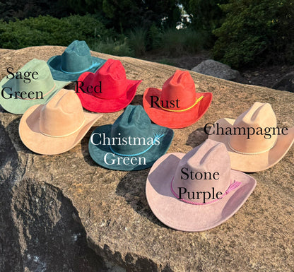 Vegan Suede Cowboy Hat Solid, Solid Cowboy Hat for Burning,Pinched Cowboy Hat, Rancher Hat, Hat for customization - AccessorizmeeWholesale