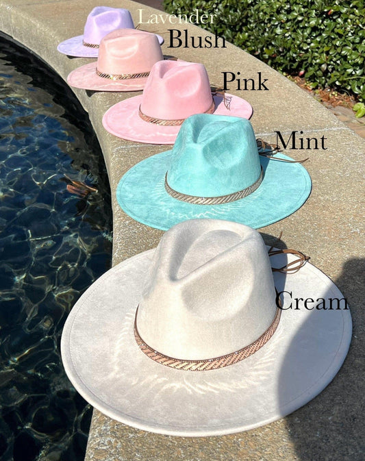 Vegan Suede Hat, Hat with Rose gold Accessory, Hat for Burning, Wide Brim Hat, Rancher Hat, Hat for customization - AccessorizmeeWholesale