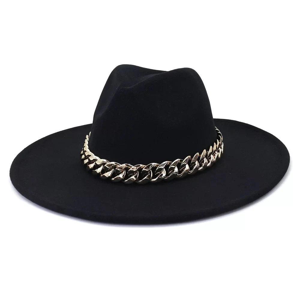 Wide Brim Fedora with Chain - AccessorizmeeWholesale