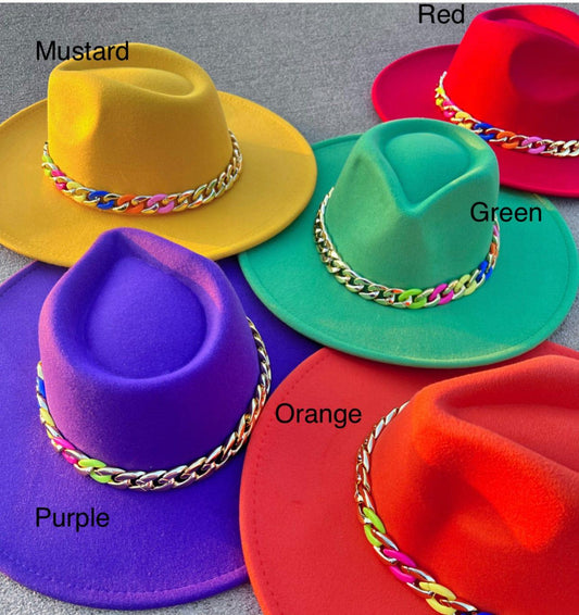 Wide Brim Fedora with colorful chain - orange - AccessorizmeeWholesale